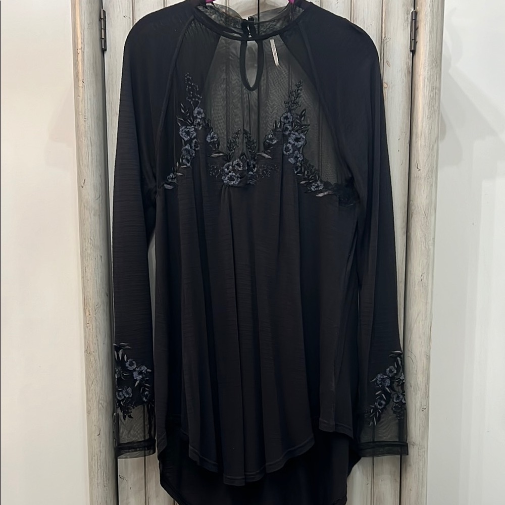 Free People Black Sheer Embroidered Tunic
